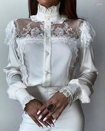 Women's Blouses Women Lace Solid Color Casual Shirt White High Collar Mesh Stitching Stringy Ruffles Top Blouse