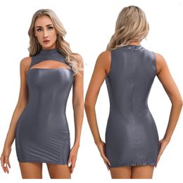 Casual Dresses Sleeveless Pencil Dress For Women Glossy Mock Neck Cutout Front Slim-fit Sexy Short Bodycon Pole Dance Rave Clubwear