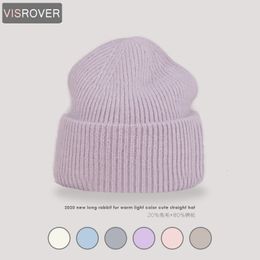 Beanie Skull Caps VISROVER 9 Colours Unisex Solid Colour Real Rabbit Fur Beanies Winter Hat For Woman Knit Bonnet Acrylic Autumn Warm Skullies 230729