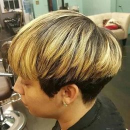 Short Honey Blonde Ombre Colour Brazilian Hair Bob Wig With Bangs Pixie Cut Straight Machine Made Human Hair Wigs For Women273r