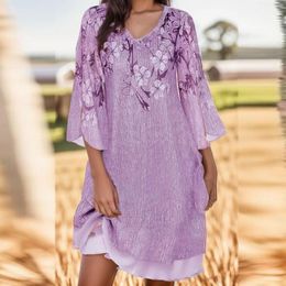 Casual Dresses Fashion Women T-shirt Dress O-neck 3/4 Sleeve Top Flowers Print Oversized Short Female Summer Loose Boho Vestidos