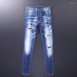 Men's Jeans Streetwear Fashion Men Retro Blue Elastic Stretch Slim Fit Painted Ripped Patched Designer Vintage Denim Pants