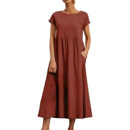 Casual Dresses 2023 Fashion Elegant Summer Solid Sleeveless Loose Linen Pocket Crew Neck Dress Sundresses For Women
