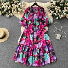 Casual Dresses Floral Printed Summer Maxi For Women V-neck Puff Sleeve Female French Chic Ladies Vestidos Drop