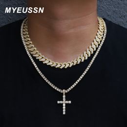 Chokers Iced Out Cross Pendant Necklace Men Charm Miami Cuban Chain Necklace Set Women Cross Hip Hop Tennis Chain Jewellery Gift 230728