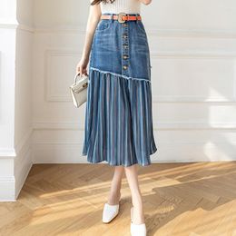 Skirts S-5XL Women Denim Skirt Summer 2023 Fashion Jeans And Stripe Chiffon Patchwork Slim Waist Mid-length Blue Female