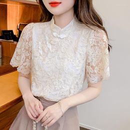 Женские блузки кружевные блузки дизайн с коротким рукавом лето маленькая китайская вышивка из пряжки
