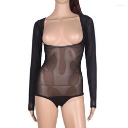 Stage Wear One Piece Leotard Mesh Chest Opened Top Long Sleeves Costume Accessories Women Bodysuit Bottoming Shirt Belly Dance 10 Colour