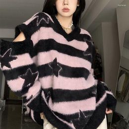 Women's Sweaters V Neck Black Pink Striped Pullover Y2k Clothes Off The Shoulder Star Sweater Women Knitted Tops Sueter Mujer Vintage