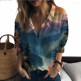 Women's Blouses Summer Lady Shirt Landscape 3D Printed Casual Vacation Style Ladies Fashion Trend Loose