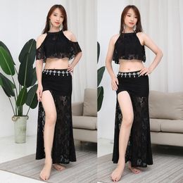 Stage Wear 1set/lot Woman Belly Dancing Lace Costumes Girl Sexy Solid Top And Split Skirt Performance