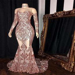 Glamorous Rose Gold Sequins Mermaid Prom Dresses 2020 Sheer Neck Long Sleeves Celebrity Evening Gowns robes de soiree Robes2754