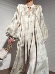 Basic Casual Dresses Lantern Sleeve Midi Women Elegant French Printed O neck Lace Up Vestidos Korean Satin Clothes 2023 Summer 230729