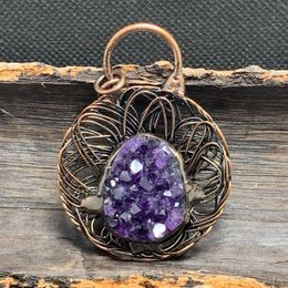 Pendant Necklaces Natural Amethyst Druzy Bird's Nest Antique Bronze Sweater Chain Copper Mesh Charms For Necklace Jewelry Making DIY