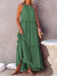 Basic Casual Dresses Women Solid Long Dresses Summer Casual Loose Sleeveless Hollow Tie-Up Dress Female Beach Party Ruffle Maxi Dresses Elegant Robe 230728