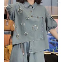 Women's Blouses 2023 Arrival Summer Women Loose Fit Turn-down Collar Puff Sleeve Blouse Asymmetrical Cotton Denim Polka Dot Shirts P640