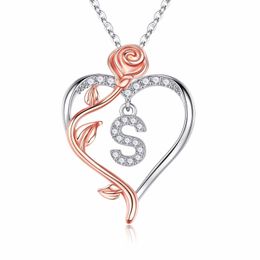 Iefil Rose Heart Necklaces Gifts for Women,925 Sterling Silver Rose Love Heart Initial Letter Pendant Necklace Jewelry Mothers Day Valentines D43215