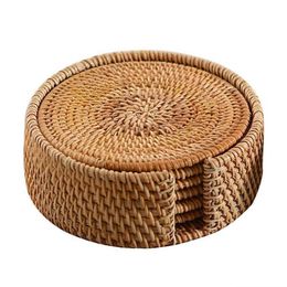 Mats & Pads 6pcs Handmade Woven Rattan Cup Coasters With Basket Non-slip Placemat Tea Trays Coffee Mugs Table Mat Insulation Table231d