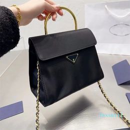 Nylon Shoulder Bag Pure Black Fashion Crossboby bag Lady's Handbag Metal Chain Bright Gold Triangle Decoration Fashion Flip Clasp Bag High Quality Handle