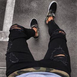 Men's Jeans Fashion Mens Cool Designer Black Ripped Skinny Destroyed Frayed Slim Fit Denim Pant Zipper Hop Pants Holes For Me284Y