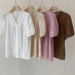 Women's Blouses Sweet Patchwork Lace Women 2023 Elegant Fashion Short Puff Sleeve Tops Femme Single Breasted Solid Summer