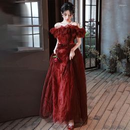 Party Dresses Evening Dress Boat Neck Elegant Simple Floor Length Short Sleeves A-Line Tulle Burgundy Plus Size Woman Formal Gowns XC064