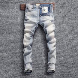 Men's Jeans Ly Designer Fashion Men Retro Light Blue Elastic Slim Fit Ripped Stretch Trousers Vintage Denim Pants Hombre