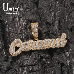 Pendant Necklaces UWIN Iced Out Round CZ Stones Cursive Names Necklace Custom 2 Layers Name Pendent Personalised Fashion Hip Hop Jewellery for Gift 230728