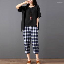 Women's T Shirts Retro Literary Shirt Sets Women Cotton Linen Suits Loose Fashion Tshirt Casual Wide-leg Pants Two Piece Suit 2023 Summer