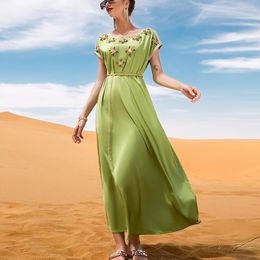 Ethnic Clothing Avocado Green Huaer Satin Sleeveless Hand-Stitched Drill Short-Sleeved Celebrity Style Retro Dress Abaya