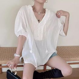 Women's Blouses 2023 Summer Niche Lazy Style V-neck Lace Panel Loose Thin Bubble Sleeve Shirt Ladies Short Shirts Work Tops