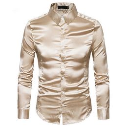Men's Dress Shirts Men's Silk Shirt Long Sleeve Lapel Single Breasted Black Gold Satin Casual Slim Fit Social Formal Man Clothing 230728