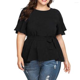 Women's Blouses Blouse Solid Short Sleeve Shirt Black Red Belted Knot Tops Women Casual Loose Chemisier Femme