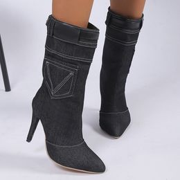 Boots High Heels Mid-Calf Denim Boots for Women Autumn Pointed Toe Cowgirls Boots Woman Plus Size 43 Thin Heeled Western Botas 230728