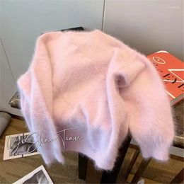 Women's Sweaters Pink Colour Mink Cashmere Sweater Senior Fluffy Female Winter V-neck Design Coat W059
