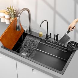 Kitchen Sink With Waterfall Faucet Stainless Steel Blcak Large Size Multifuctional Smart Basin Left Drain Above Counter