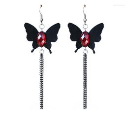 Dangle Earrings Handmade Sexy Womens Gothic Black PU Leather Butterfly Red Stone Multi Chain Tassel Drop Fashion Extra Jewelry