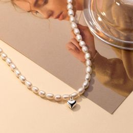 Chains 46cm Pearls Necklace For Women On Neck Silver 925 Necklaces Heart Pendant Girls Fashion Jewelry Pearl Minimalist