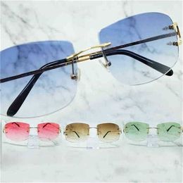 56% OFF Sunglasses 2023 Big Square Men Luxury Trendy Glasses Mens Accessories Women Shades Eyewear Rimless Carter Pink Blue SunglassesKajia New