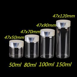 Whole- 50ml 80ml 100ml 150ml Large Glass Bottles with Silver Screw Caps Empty Spice Bottles Jars Gift Crafts Vials 24pcs 318C