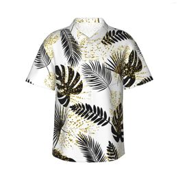 Men's Casual Shirts Black Golden Tropical Leaves Mens Hawaiian Short Sleeve Button Down Beach Floral