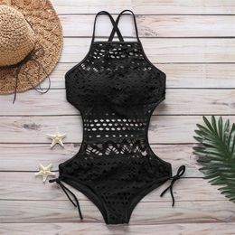 Bikinis Set Nadafair Sexy One Piece Swimsuit Backless Halter Beach Swimwear Crochet Bikini Bathing Suit 2021 Black Swimming For Wo349p