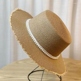 Wide Brim Hats Summer Sun Protection Big Top Hat Women's French Vintage Pearl Chain Flat Business Wedding Beach Straw