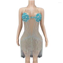 Stage Wear 7 Colours Sexy Glisten Silver Rhinestones Mini Dress Crystals Fringes Outfit Birthday Celebrate Costume Performance