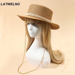 Wide Brim Hats Bucket Designer Chain Necklace Sun With Pearl For Women Summer Foldable Beach Ladies Fashion Party Hat Wholesale 230729