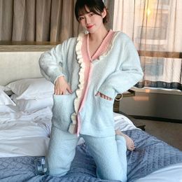 Women's Sleepwear Warm Winter Pyjamas Set Feather Yarn Knitted Nightwear Soft Home Wear Pyjama Cartoon Pijamas Suit