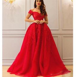 Red Arabic Lace Formal Dresses Evening Wear Off The Shoulder Sequined Evening Gowns Dubai A Line Tulle Appliques Prom Dress230L