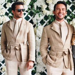 Casual Men Suits Notched Lapel Linen Tuxedos Business Custom Made 2 Pieces 2023 New Arrival Groom Coat For Male