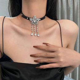 Choker Amorcome Full Rhinestone Tassel Stars Necklace For Women Black Colour Adjustable Leather Clavicle Collar Wedding Jewellery