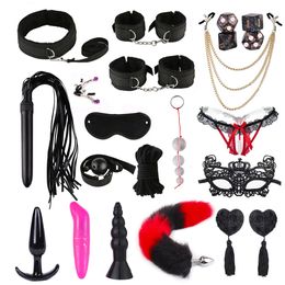 Adult Toys BDSM Kits Adults Sex Toys for Couples Handcuffs Nipple Clamps Whip Spanking Sex Metal Anal Plug Vibrator Exotic Bed Bondage Set 230728